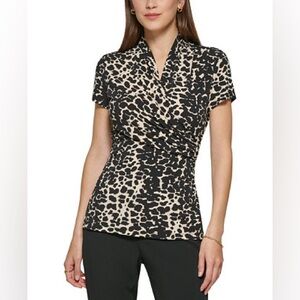 DKNY Animal Print Draped Surplice Blouse NWOT